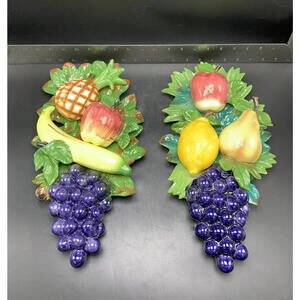 Vintage Large Pair Ceramic Fruit Vegetable Wall Plaques Empress by Haruta Japan